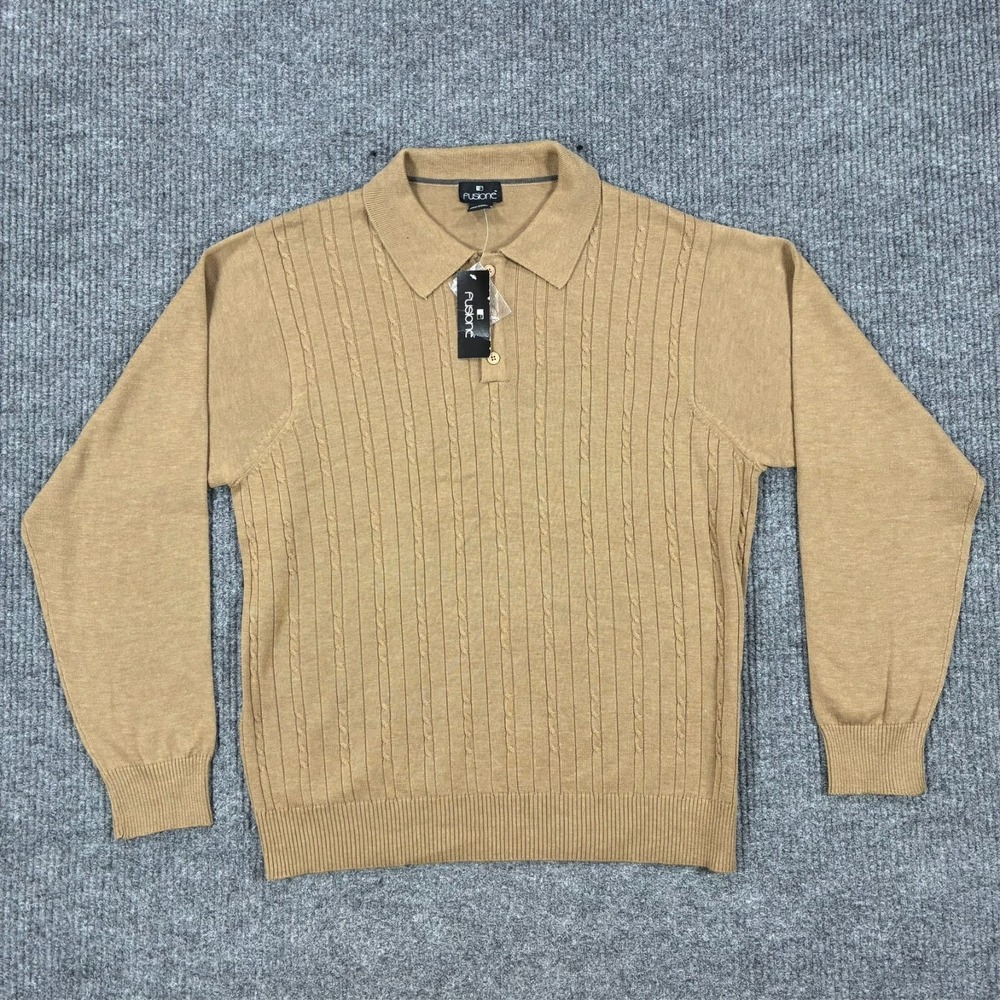 Fusione Mens Large Cable Knit Polo Sweater Tan Long Sleeve Cotton Blend Casual